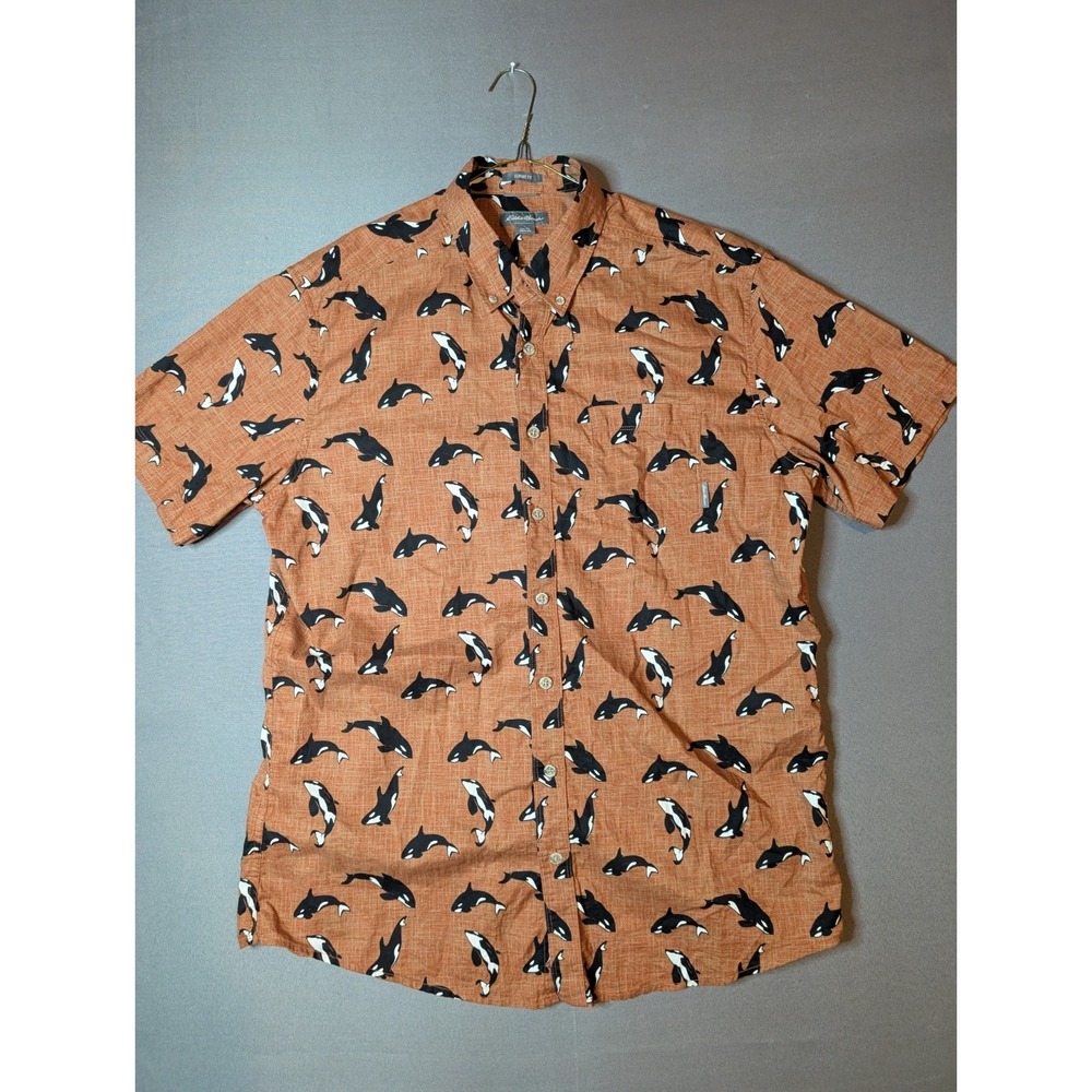 Eddie Bauer Mens TXL Classic Fit Orca Killer Whale Print Button Up Shirt Brown